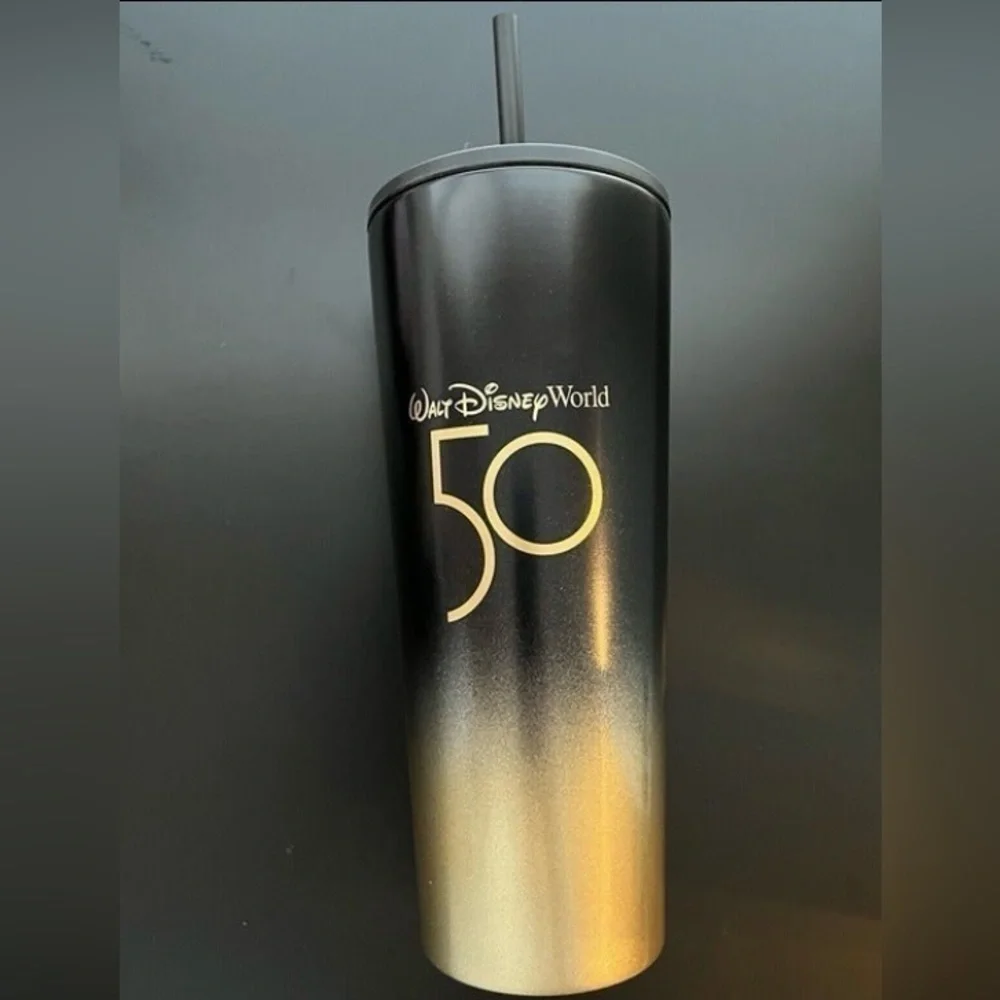 Walt Disney Workd 50th Anniversary Starbucks Black and Gold Tumbler